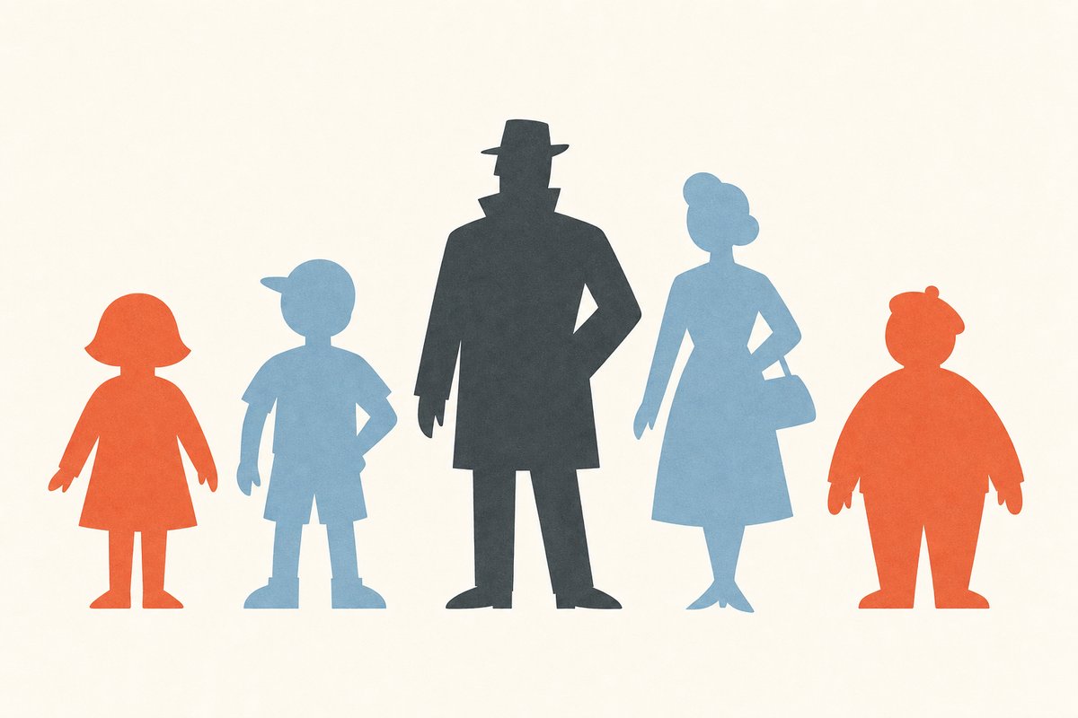 Flat illustration of five simple paper-doll character silhouettes of different shapes and colors standing in a row, like a cast of characters.