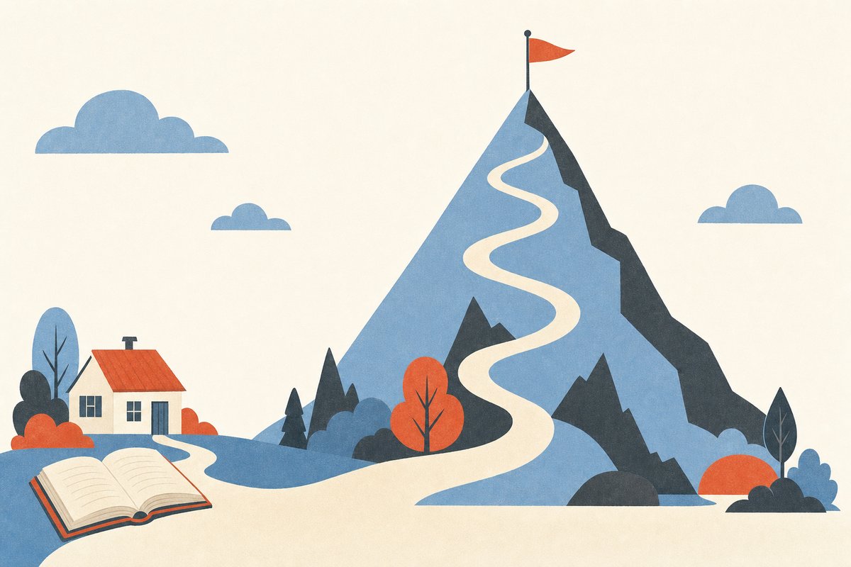Flat illustration of a story mountain: a path rising from a cottage and open book to a flagged peak, then descending — a visual plot diagram.