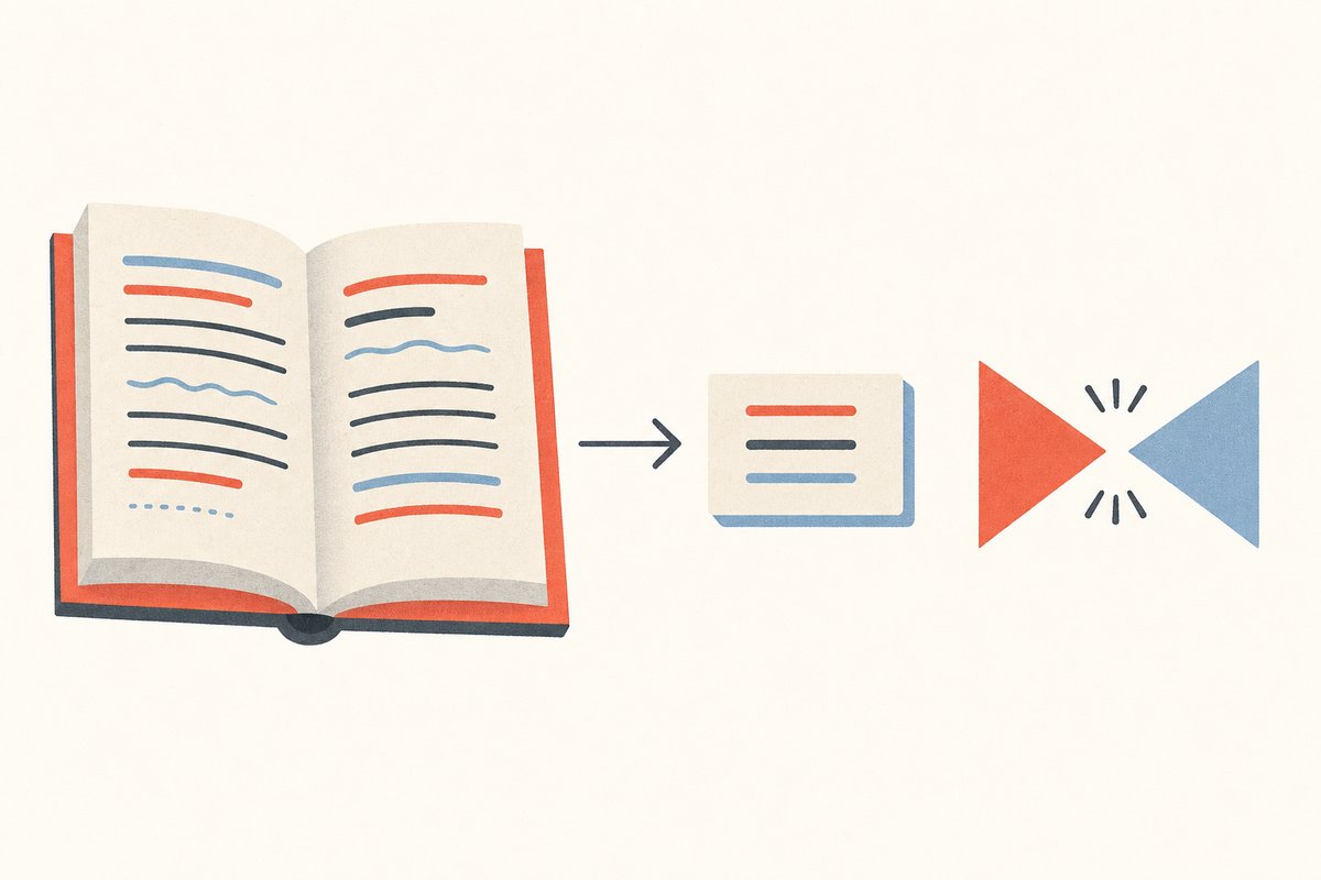 Flat illustration of an open book distilling into a small index card, with two opposing arrows suggesting the conflict at the center of a story.